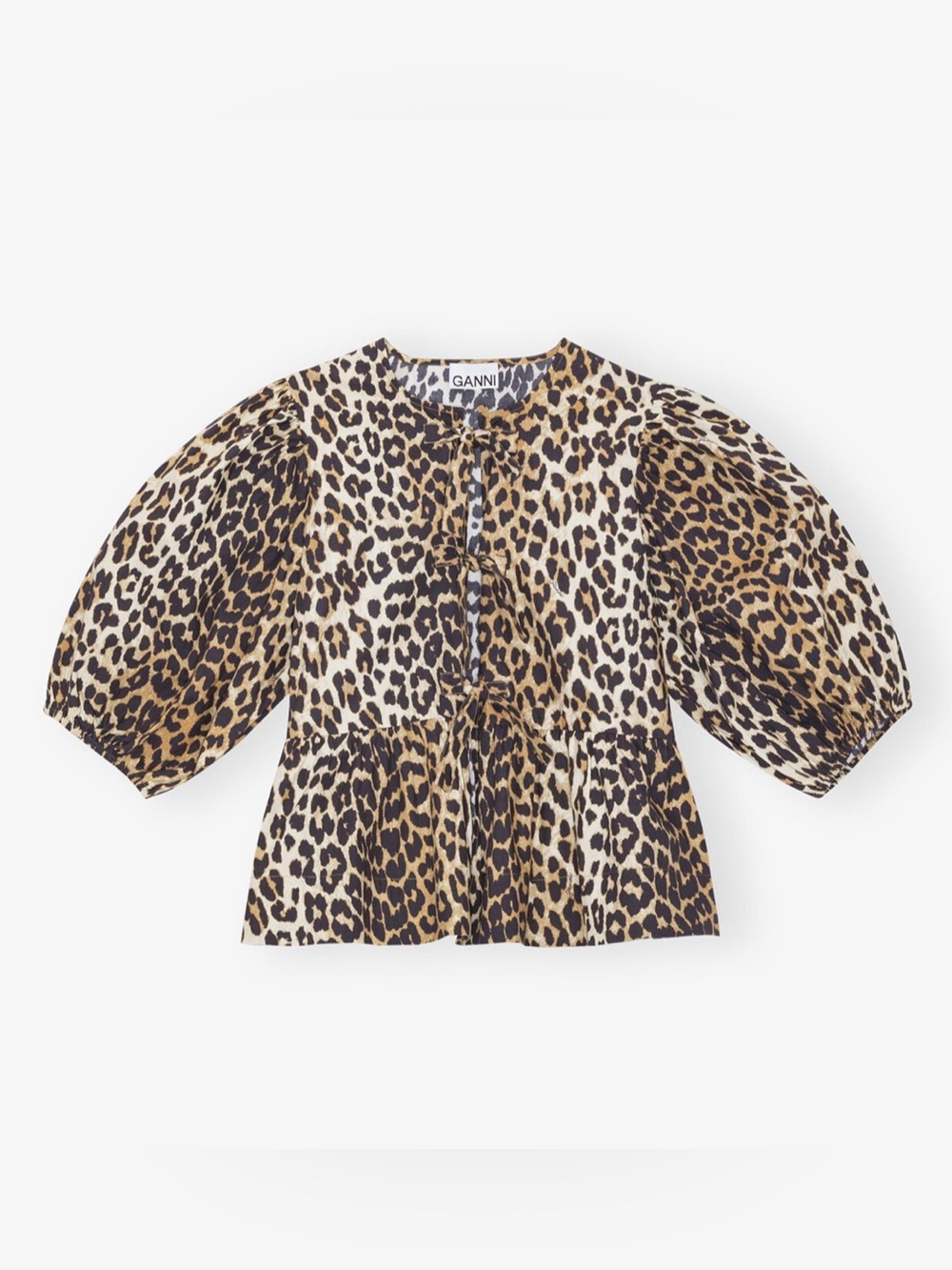 Ganni Leopard Print Puff Sleeve Peplum Blouse - Brown, Black, Cream - cotton